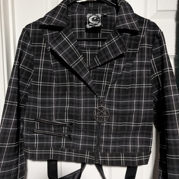 Killstar Jackets & Blazers - Killstar Black Plaid Blazer with Pentagram Detail